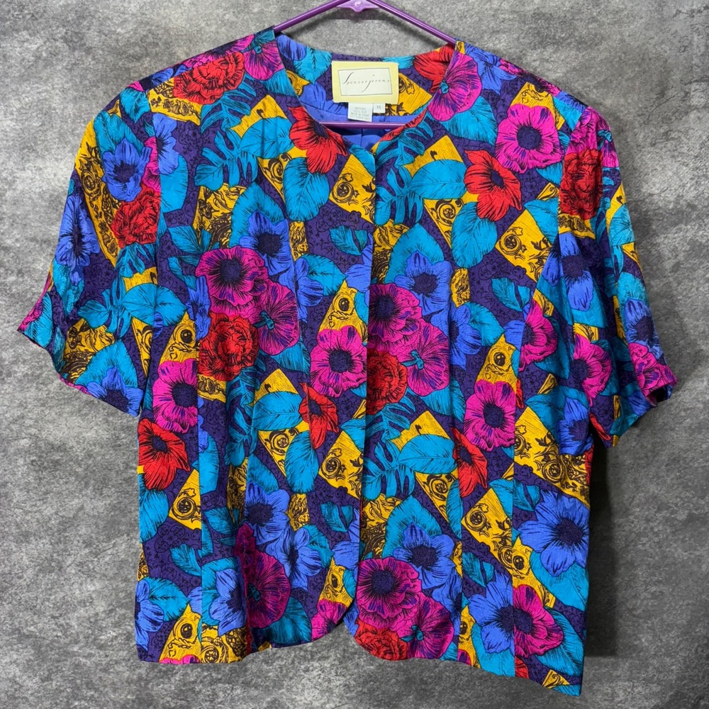 Spenser Jeremy Vintage 90s Silk Tropical Floral Blouse Top Size 16 Blue Retro